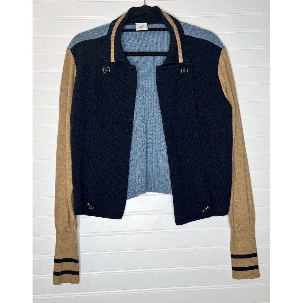 Cabi Turn Back Color Block Cardigan Sweater Jacket #3703 Womens Size Medium Blue